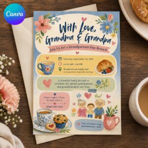 Grandparents Day Brunch Invitation, Floral Family Breakfast Flyer, Editable Printable Canva Template