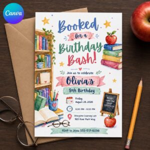 Book Birthday Invitation, Library Reading Party, 9th Birthday Book Bash, Editable Printable Canva Template