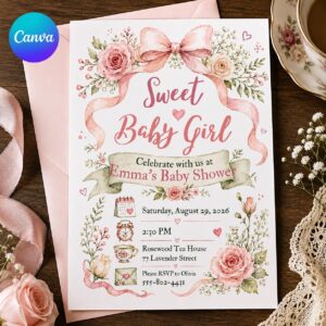 Baby Girl Shower Invitation, Pink Bow Floral Tea Party, Coquette Editable Printable Canva Template
