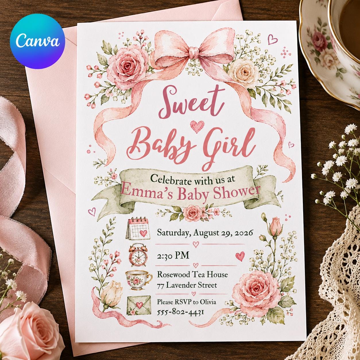 Baby Girl Shower Invitation, Pink Bow Floral Tea Party, Coquette Editable Printable Canva Template