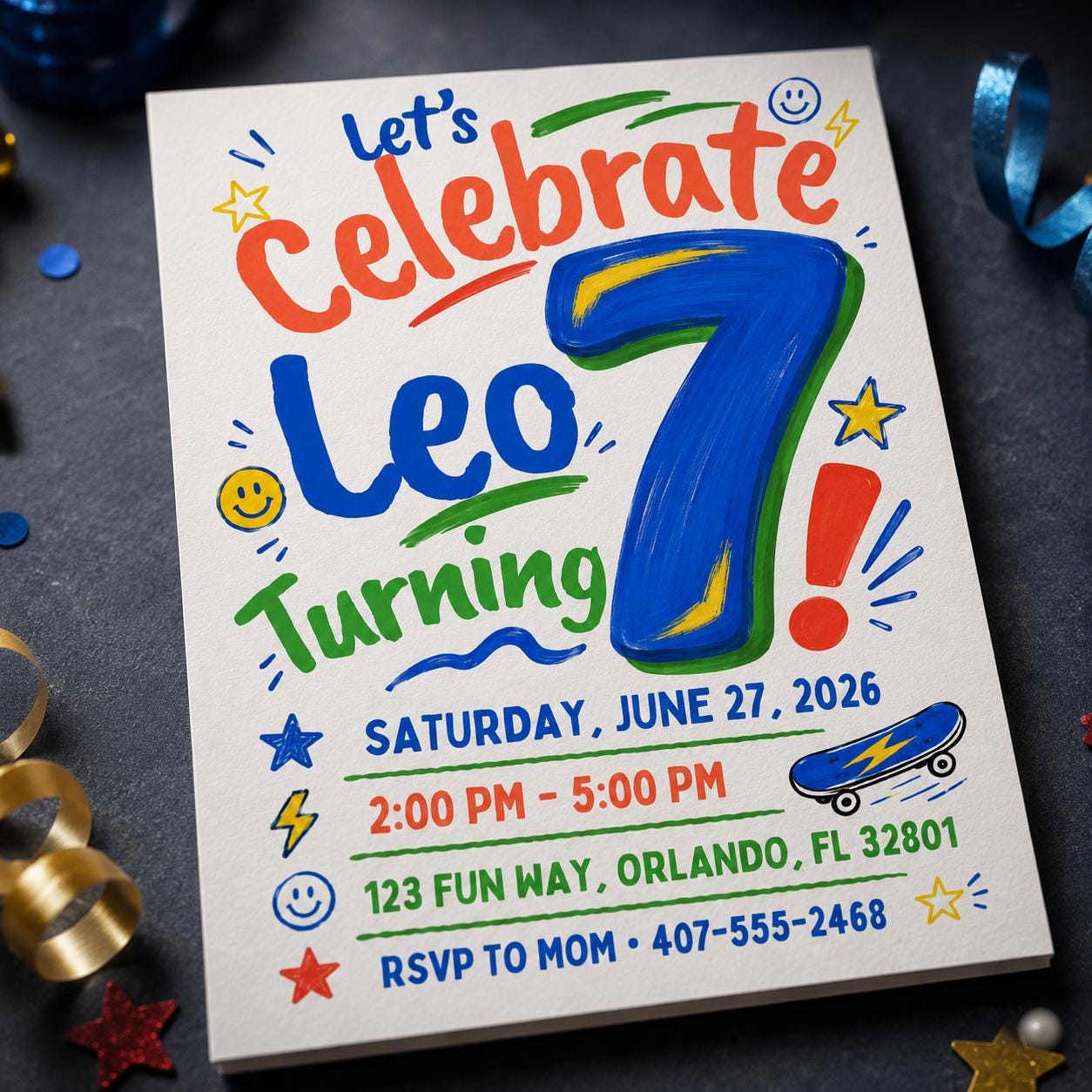 7th Birthday Boy Invitation, Bold Number Seven Skateboard Party, Editable Printable Canva Template - Image 3
