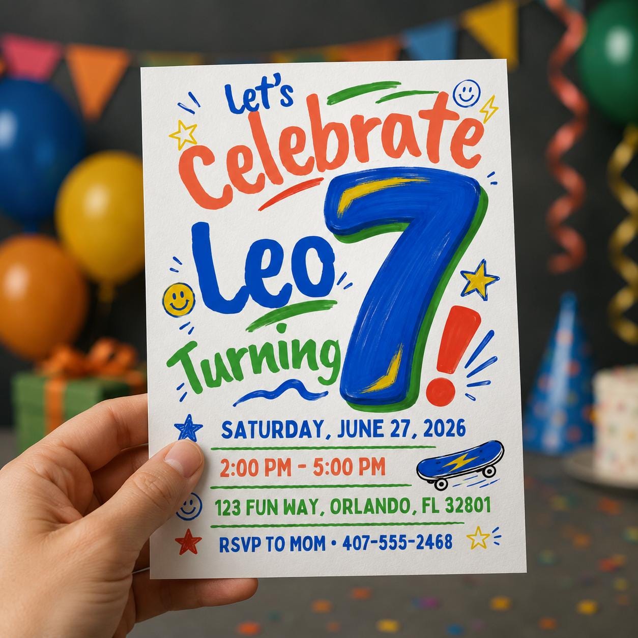 7th Birthday Boy Invitation, Bold Number Seven Skateboard Party, Editable Printable Canva Template - Image 4