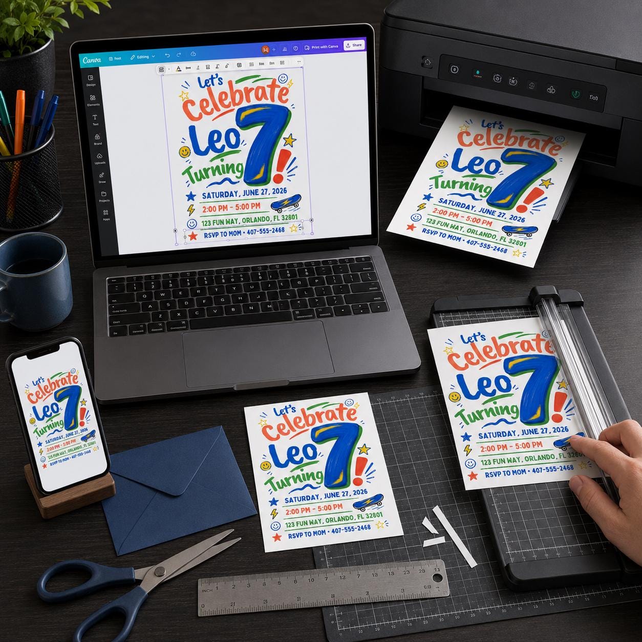 7th Birthday Boy Invitation, Bold Number Seven Skateboard Party, Editable Printable Canva Template - Image 5