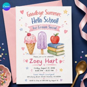 Ice Cream Social Invitation, Goodbye Summer Hello School Party, Watercolor Editable Printable Canva Template