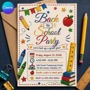 Back to School Party Invitation, Faux Embroidery School Supplies, Colorful Editable Printable Canva Template