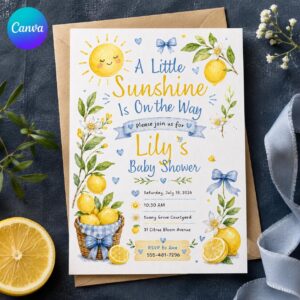 Little Sunshine Baby Shower Invitation, Lemon Citrus Theme with Blue Bows, Editable Printable Canva Template