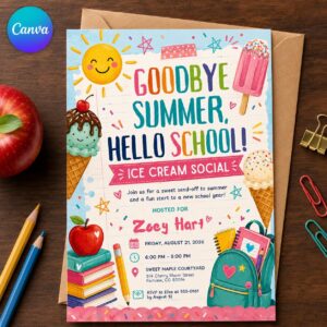 Ice Cream Social Invitation, Goodbye Summer Hello School Party, Colorful Editable Printable Canva Template