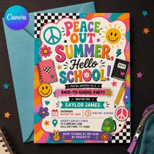 Groovy Back to School Party Invitation, Retro Peace Out Summer Bash, Editable Printable Canva Template
