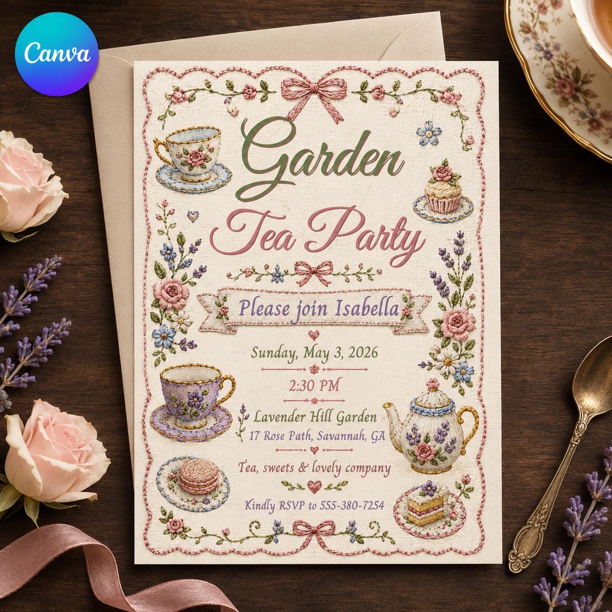 Garden Tea Party Invitation, Vintage Floral Afternoon Tea Birthday, Editable Printable Canva Template
