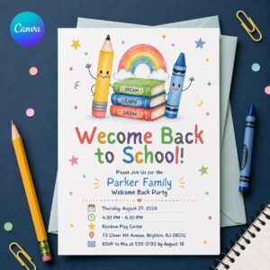 Back to School Party Invitation, Rainbow Books and Crayons Family Welcome Back, Editable Printable Canva Template