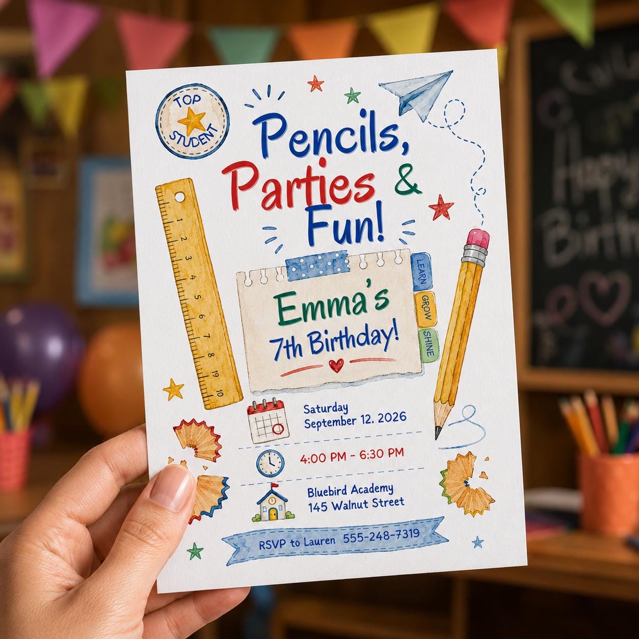 School Birthday Party Invitation, Colorful Pencil Theme 7th Birthday, Editable Printable Canva Template - Image 5