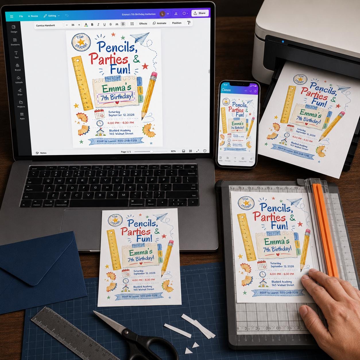 School Birthday Party Invitation, Colorful Pencil Theme 7th Birthday, Editable Printable Canva Template - Image 4