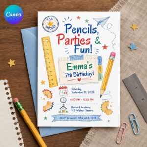 School Birthday Party Invitation, Colorful Pencil Theme 7th Birthday, Editable Printable Canva Template