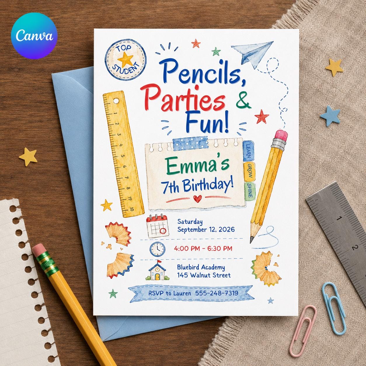 School Birthday Party Invitation, Colorful Pencil Theme 7th Birthday, Editable Printable Canva Template