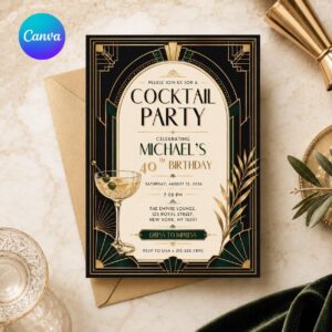Art Deco Cocktail Party Invitation, Black Gold 40th Birthday Gatsby Style, Editable Printable Canva Template
