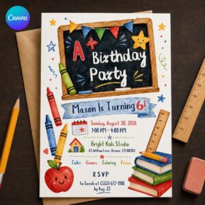 School Birthday Party Invitation, A Plus Classroom Theme 6th Birthday, Editable Printable Canva Template