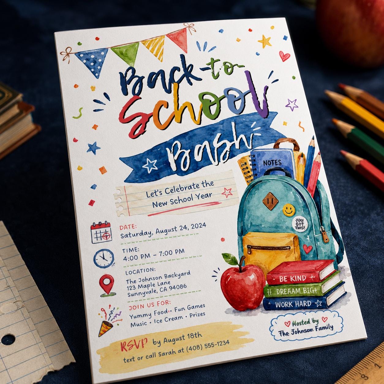 Back to School Bash Invitation, Colorful Backpack New School Year Party, Watercolor Editable Canva Template - Image 3