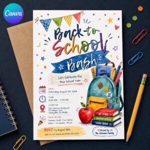 Back to School Bash Invitation, Colorful Backpack New School Year Party, Watercolor Editable Canva Template