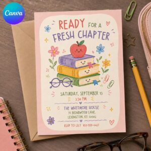 Back to School Party Invitation, Fresh Chapter Book Theme Welcome Back Celebration, Watercolor Editable Canva Template