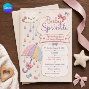 Baby Sprinkle Invitation, Pastel Rain Cloud Umbrella Girl Shower, Faux Embroidery Editable Canva Template