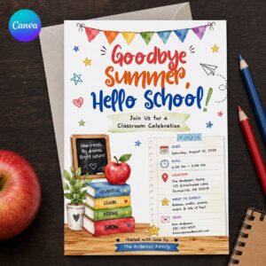 Goodbye Summer Hello School Invitation, Classroom Celebration Back to School Party, Watercolor Editable Canva Template