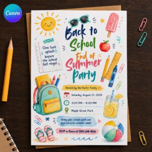 End of Summer Back to School Party Invitation, Backpack Popsicle Watercolor Kids Invite, Editable Canva Template