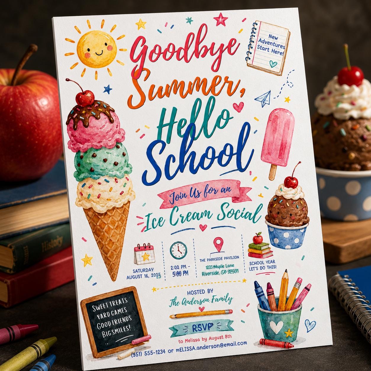 Back to School Ice Cream Social Invitation, Goodbye Summer Hello School Party, Watercolor Editable Canva Template - Image 3