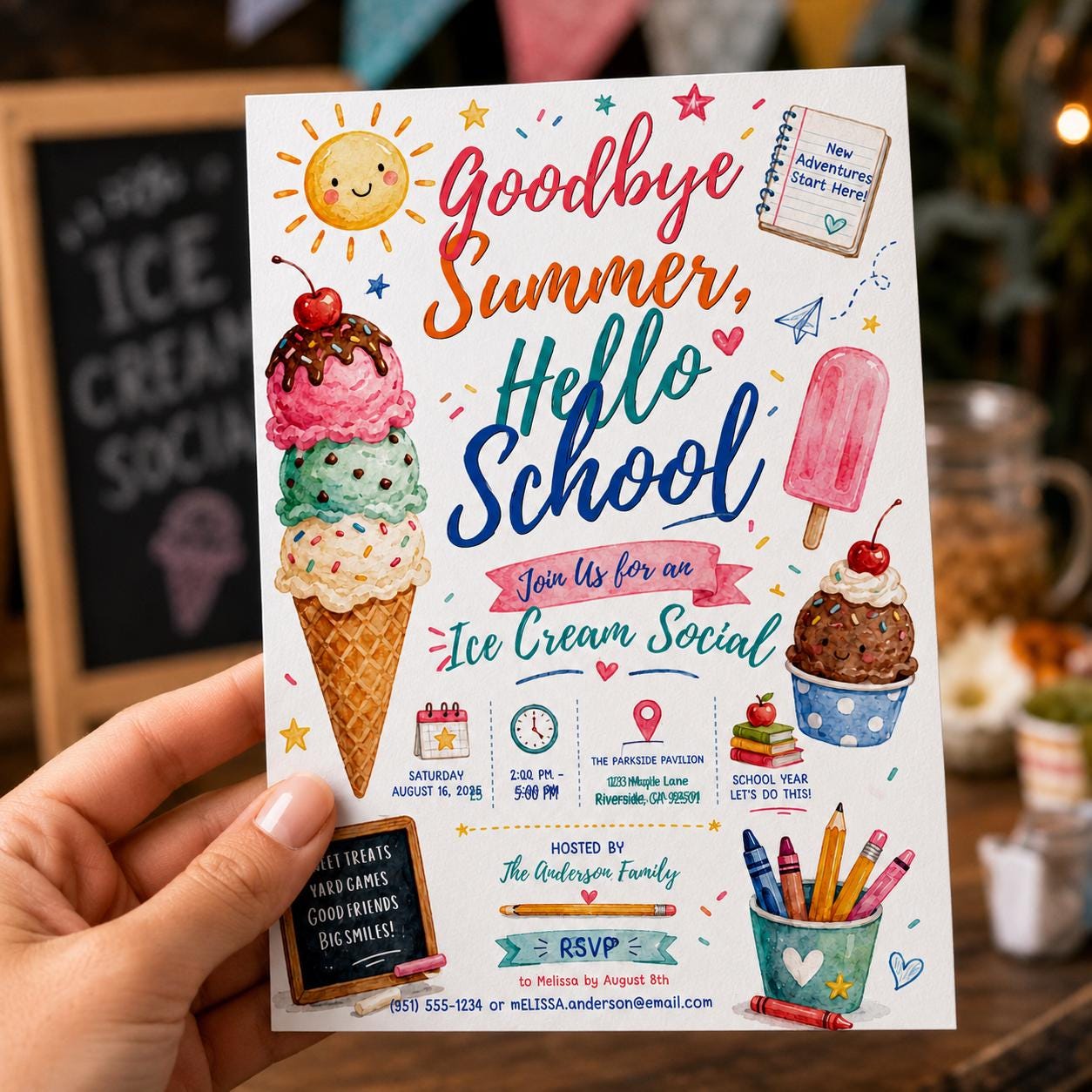 Back to School Ice Cream Social Invitation, Goodbye Summer Hello School Party, Watercolor Editable Canva Template - Image 5