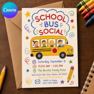 School Bus Social Invitation, Back to School Family Party, Kids Yellow Bus Watercolor Invite, Editable Canva Template