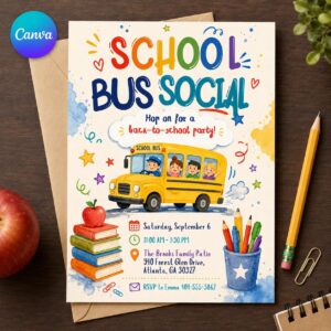 School Bus Social Invitation, Back to School Family Party, Yellow Bus Watercolor Event Invite, Editable Canva Template