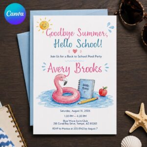 Back to School Pool Party Invitation, Goodbye Summer Flamingo Invite, End of Summer Splash, Editable Canva Template