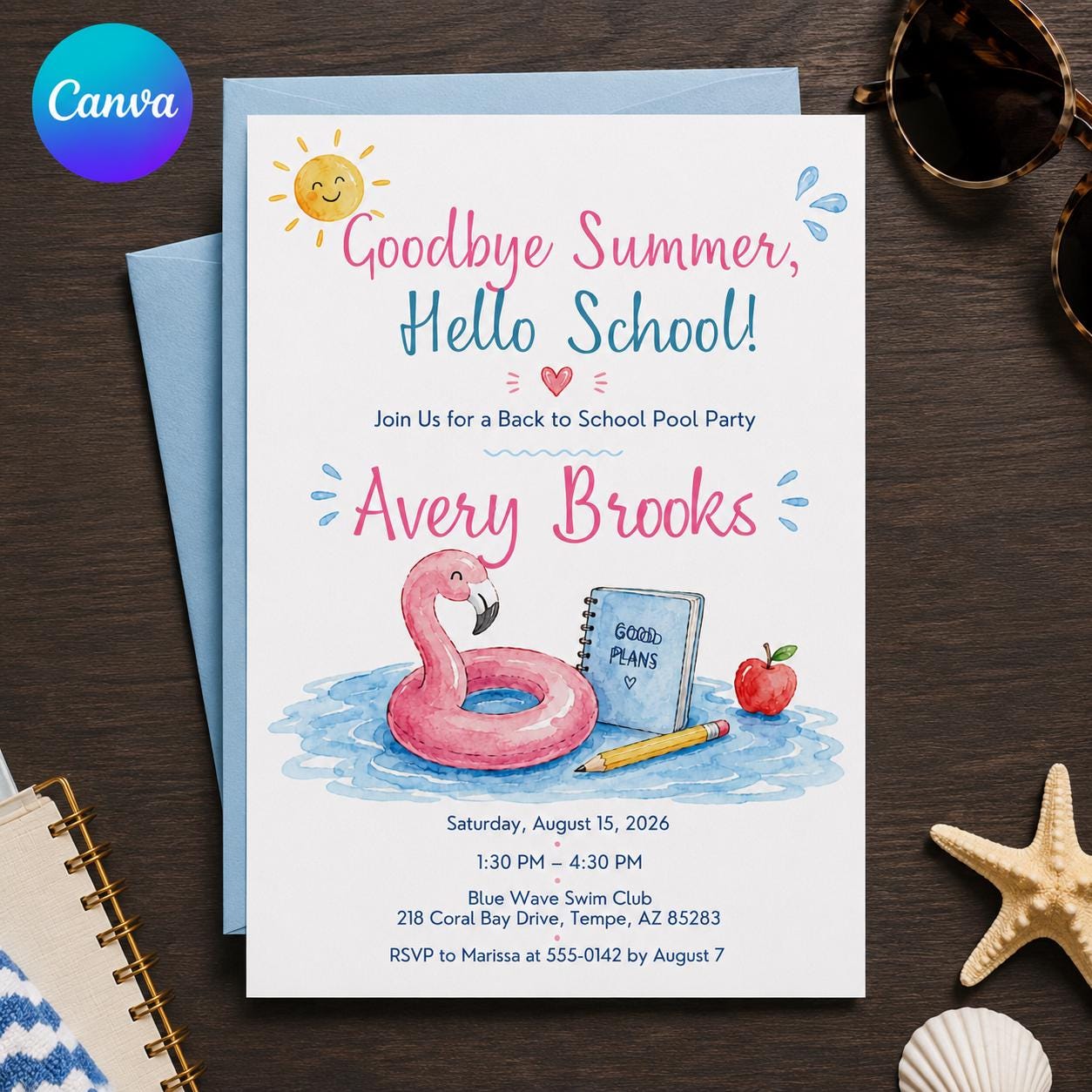 Back to School Pool Party Invitation, Goodbye Summer Flamingo Invite, End of Summer Splash, Editable Canva Template