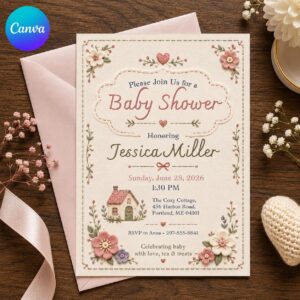 Baby Shower Invitation, Vintage Floral Cottagecore Girl Invite, Faux Embroidery Pink Garden, Editable Canva Template