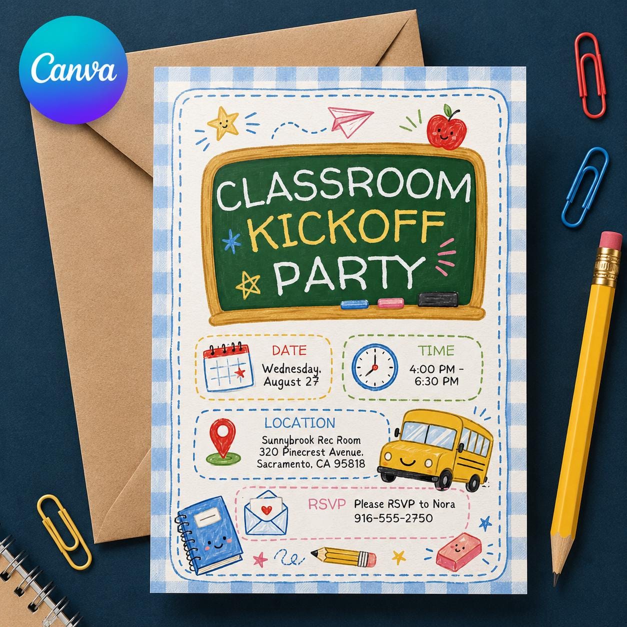 Classroom Kickoff Party Invitation, Back to School Chalkboard Invite, School Bus Celebration, Editable Canva Template