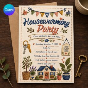 Housewarming Party Invitation, New Home Celebration Invite, Rustic Faux Embroidery Floral, Editable Canva Template