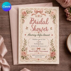 Bridal Shower Invitation, Blush Pink Floral Bow Invite, Vintage Lace Faux Embroidery, Editable Canva Template