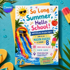 Waterslide Birthday Invitation, 8th Birthday Splash Party, Summer Water Slide Bash for Boys, Editable Canva Template