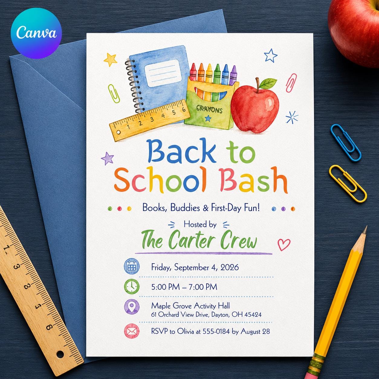 Back to School Bash Invitation, Colorful School Supplies Welcome Party, First Day Celebration, Editable Canva Template