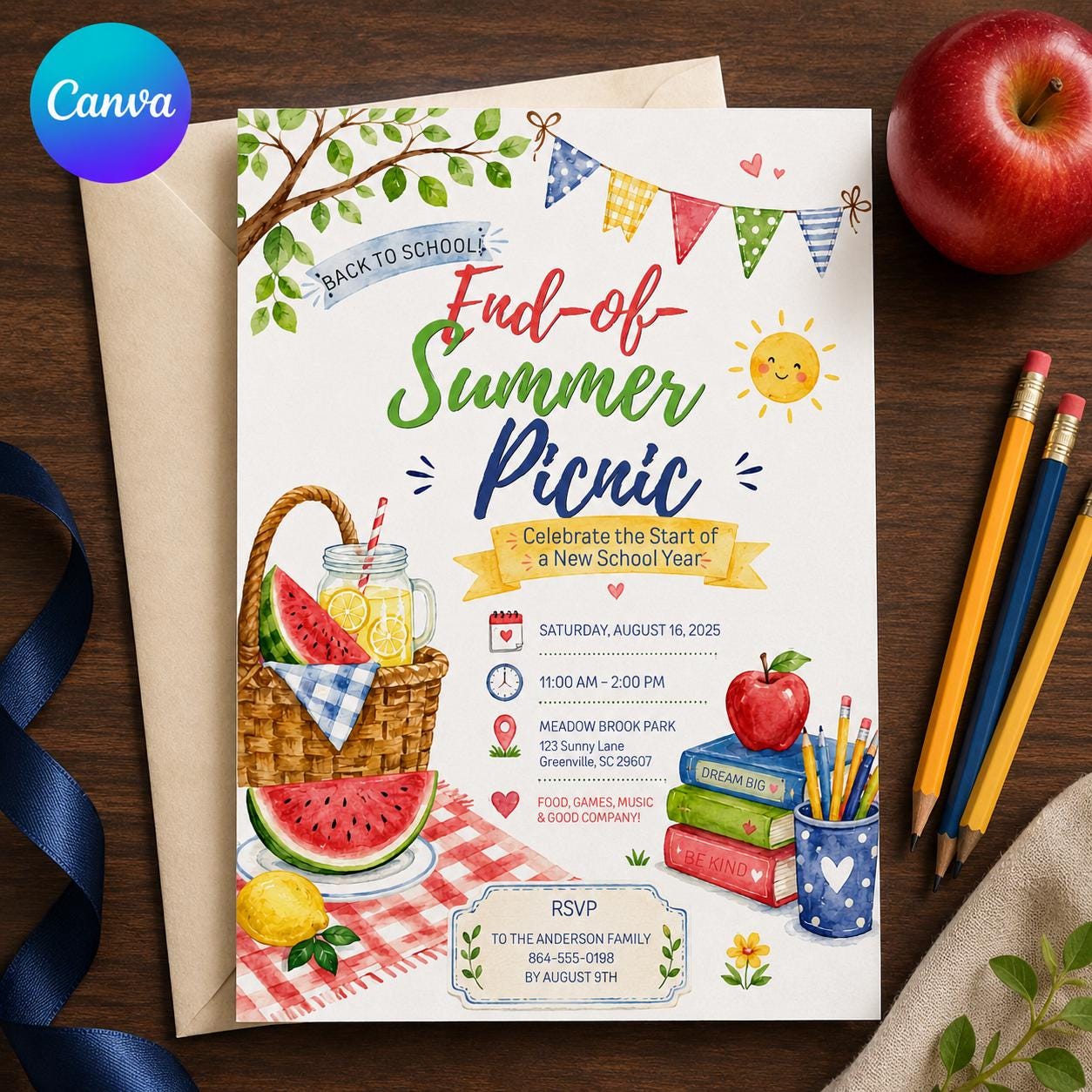 Back to School Picnic Invitation, End of Summer Family Party, Watermelon Outdoor Celebration, Editable Canva Template
