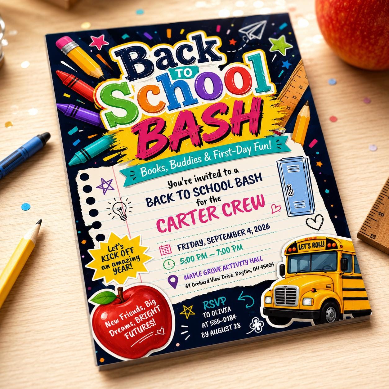 Back to School Bash Invitation, Bold Colorful First Day Party Flyer, Editable Student Event Canva Template - Image 3
