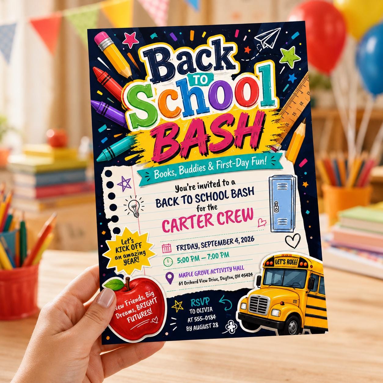 Back to School Bash Invitation, Bold Colorful First Day Party Flyer, Editable Student Event Canva Template - Image 5