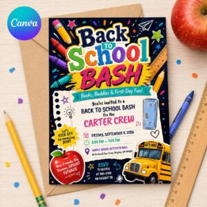 Back to School Bash Invitation, Bold Colorful First Day Party Flyer, Editable Student Event Canva Template