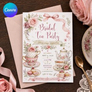 Bridal Tea Party Invitation, Blush Pink Floral Wedding Shower Invite, Editable Garden Tea Canva Template