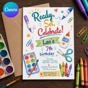 Art Birthday Party Invitation, 7th Birthday School Supplies and Craft Theme, Editable Kids Invite Canva Template