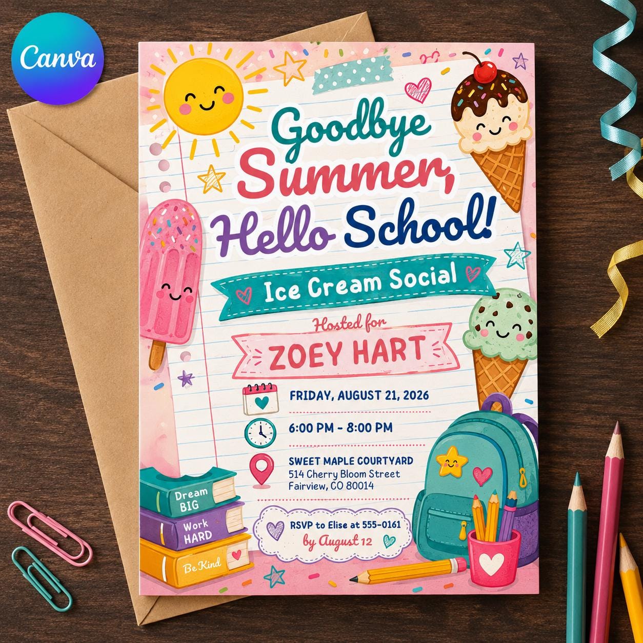 Back to School Ice Cream Social Invitation, Goodbye Summer Classroom Party Flyer, Editable Canva Template