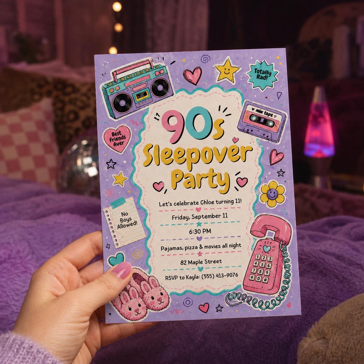 90s Sleepover Invitation, Retro Slumber Party Invite for Tween Girls, Pajama Movie Night Birthday Canva Template - Image 3