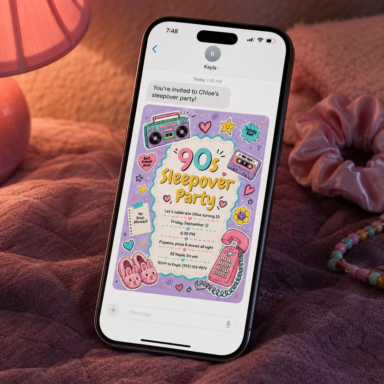 90s Sleepover Invitation, Retro Slumber Party Invite for Tween Girls, Pajama Movie Night Birthday Canva Template - Image 6