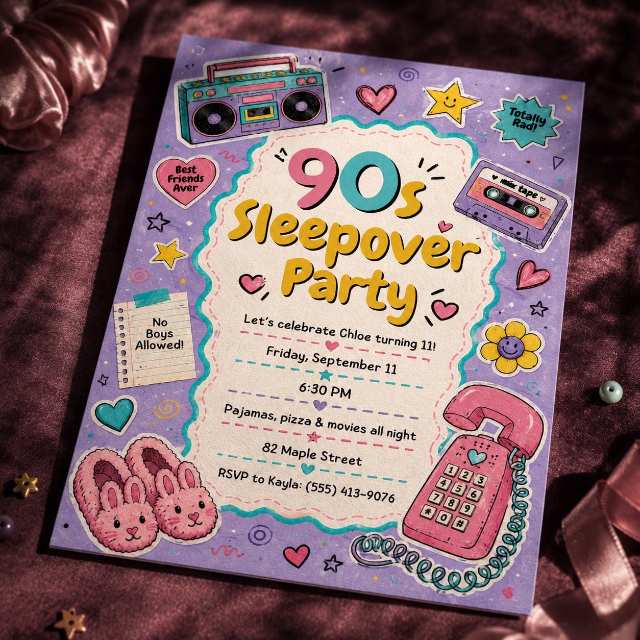 90s Sleepover Invitation, Retro Slumber Party Invite for Tween Girls, Pajama Movie Night Birthday Canva Template - Image 5