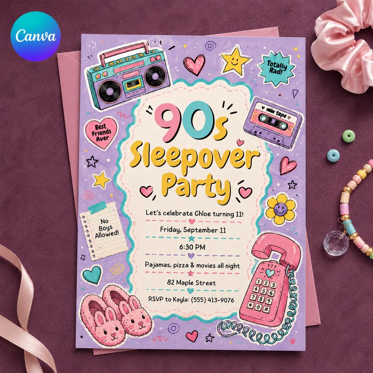 90s Sleepover Invitation, Retro Slumber Party Invite for Tween Girls, Pajama Movie Night Birthday Canva Template