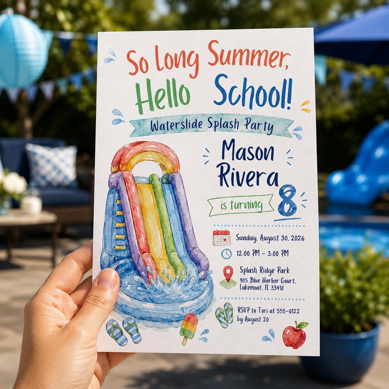 Waterslide Birthday Invitation, Water Slide Splash Party Invite for Boys, 8th Birthday Summer Pool Canva Template - Image 4